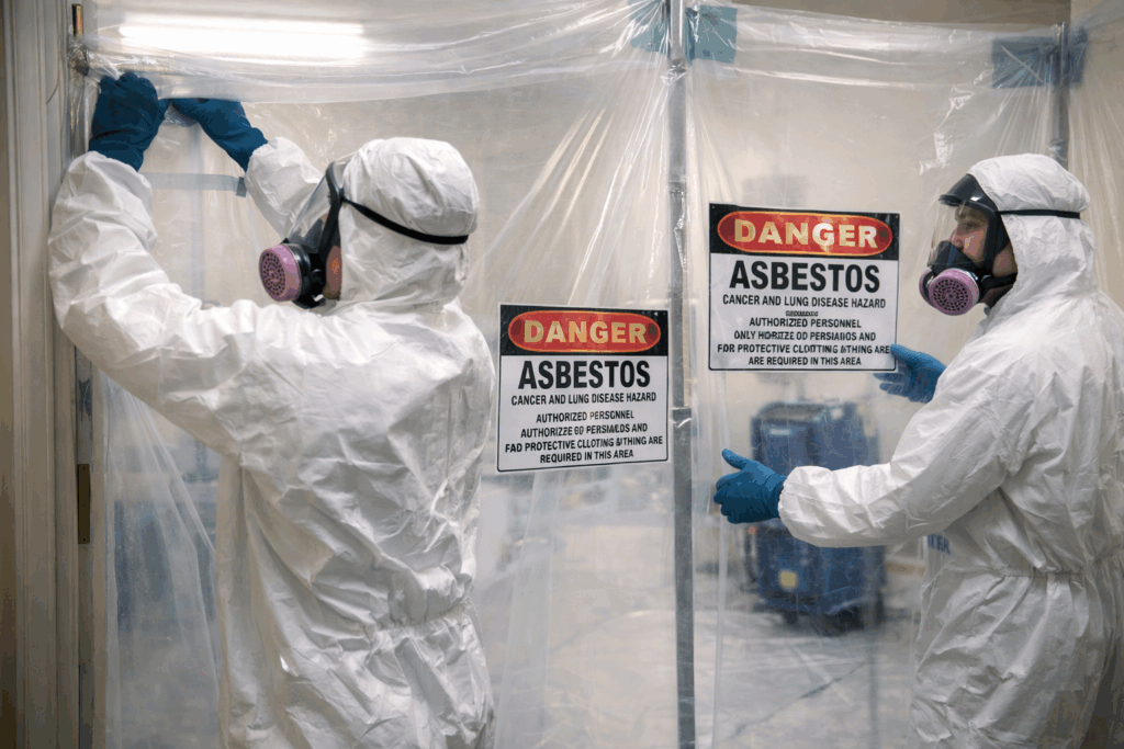 Professionals safely removing asbestos using protective equipment and containment barriers.