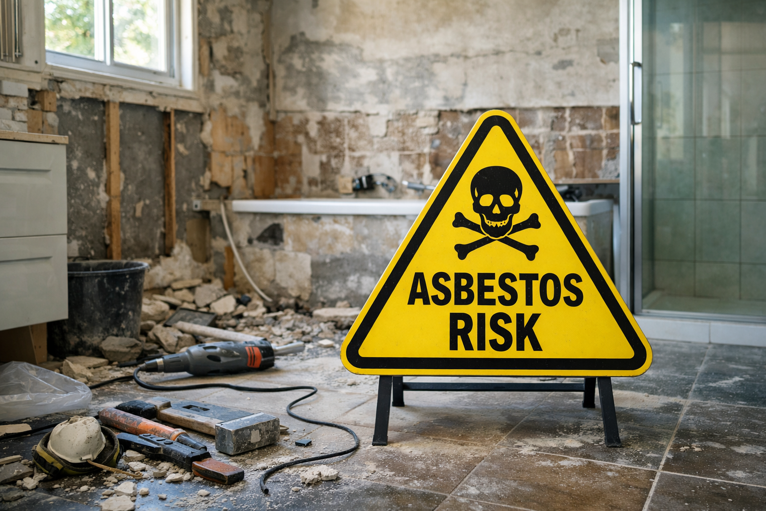 Bathroom renovation site with a warning sign highlighting potential asbestos risk before demolition.