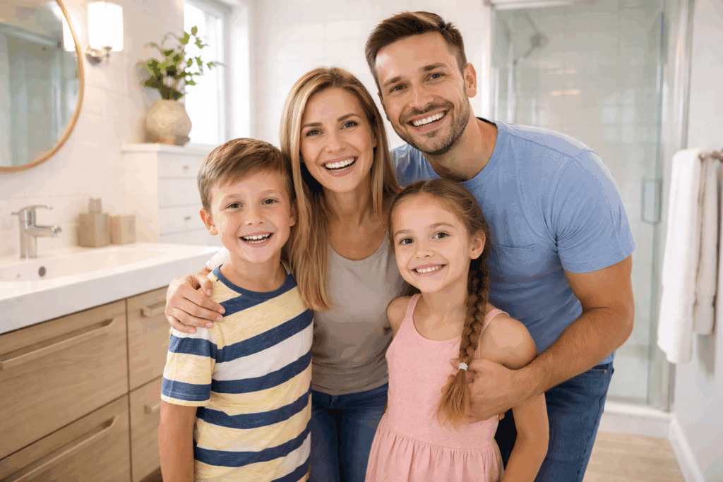Family enjoying their newly renovated bathroom after safe asbestos removal.