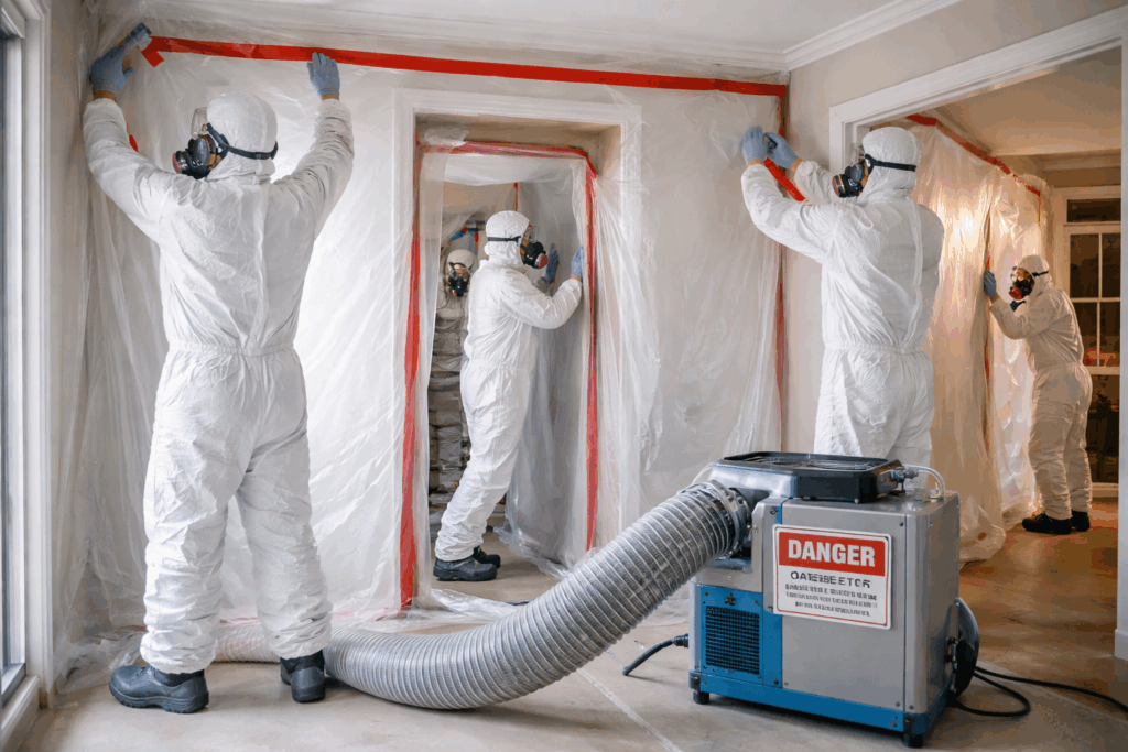Asbestos professionals installing containment barriers after accidental disturbance.