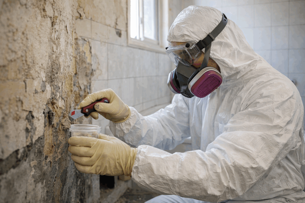Professional asbestos inspector collecting a wall sample using safety equipment.