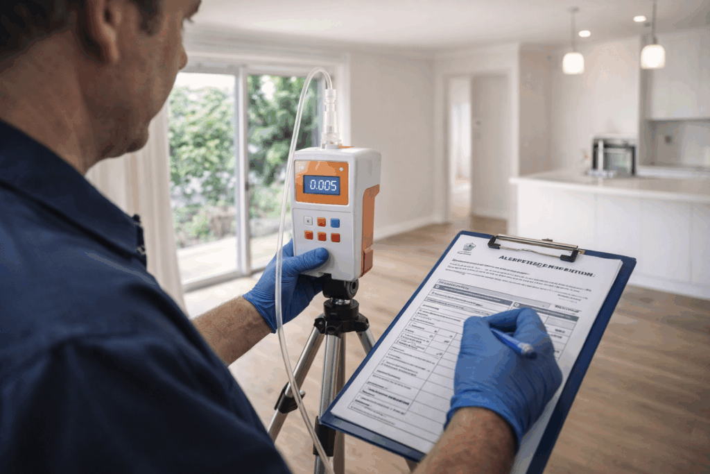 Technician conducting air quality testing after asbestos removal for safety clearance.