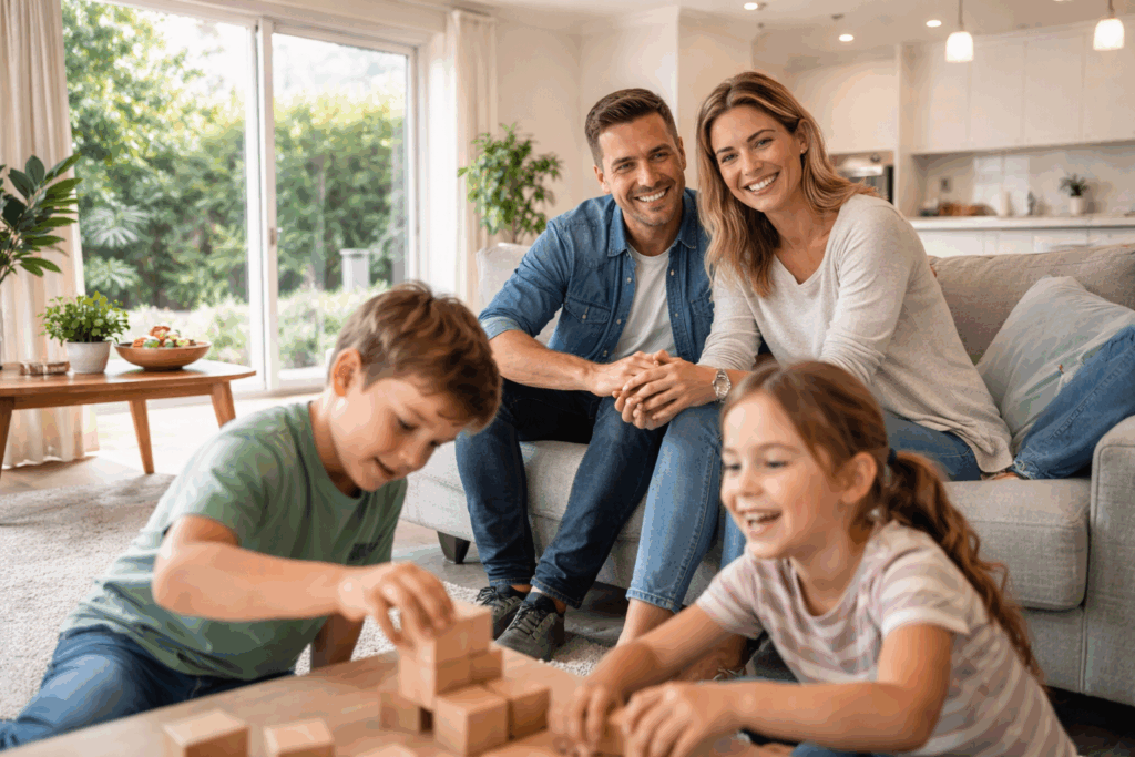 Family relaxing safely in their renovated home after professional asbestos removal.