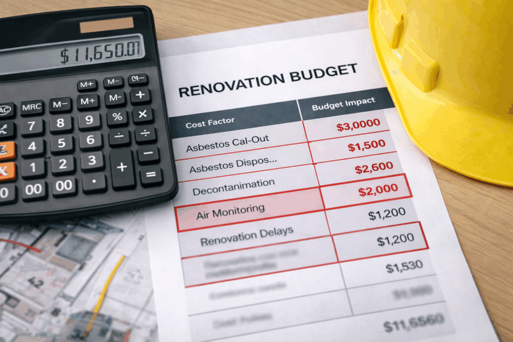 Renovation budget showing unexpected cost increases due to asbestos issues.