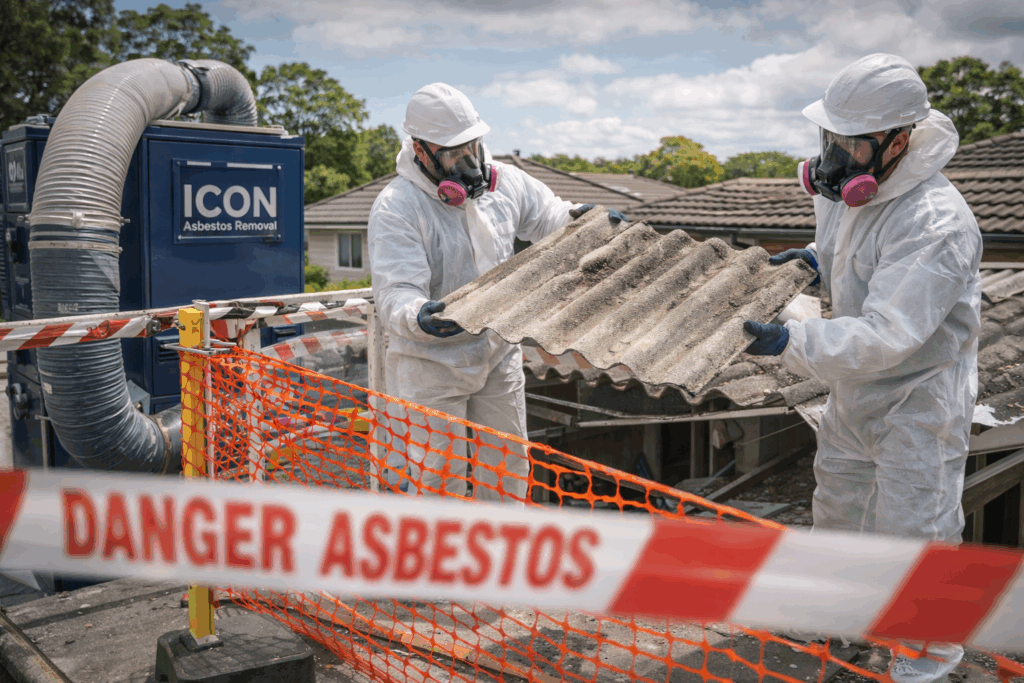 Licensed asbestos removal professionals wearing protective gear while removing roofing sheets.