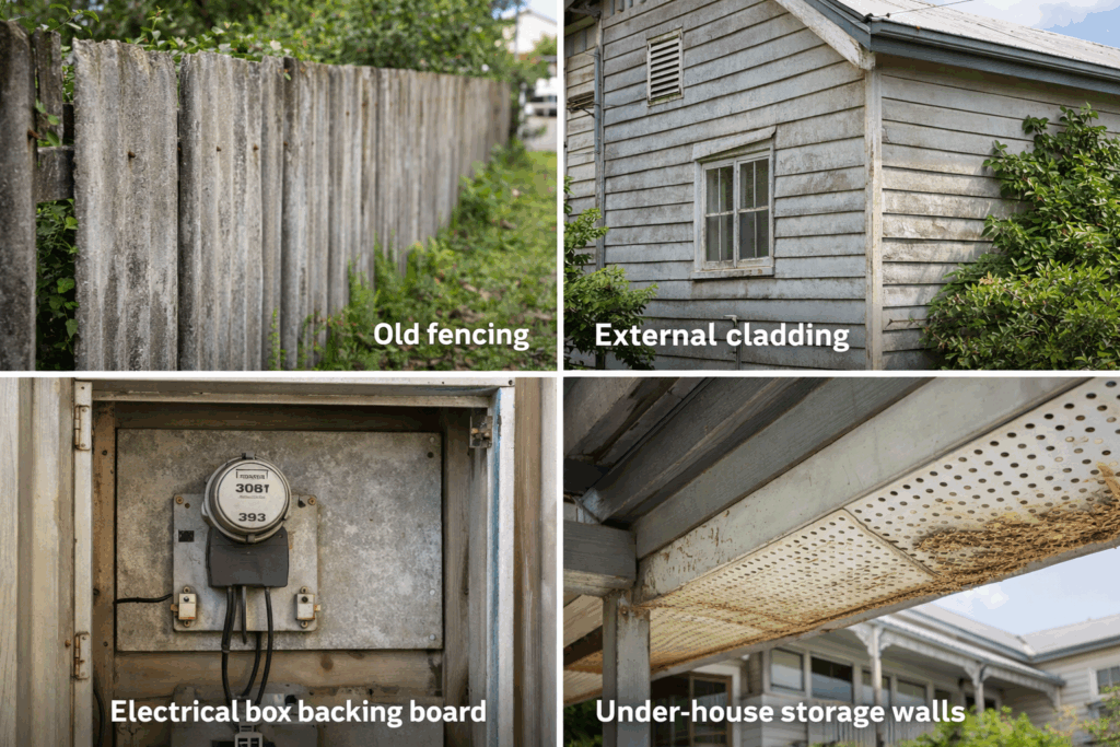 Examples of common asbestos locations in Queensland homes including fences and meter boxes