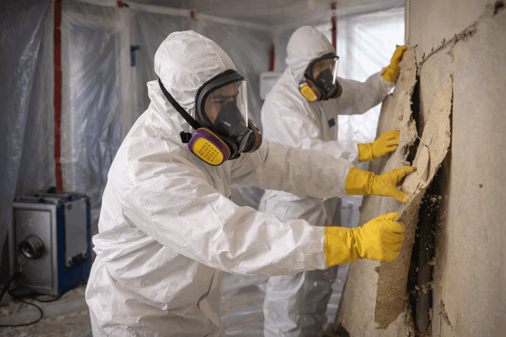 Licensed asbestos removal team using protective equipment inside a Brisbane home