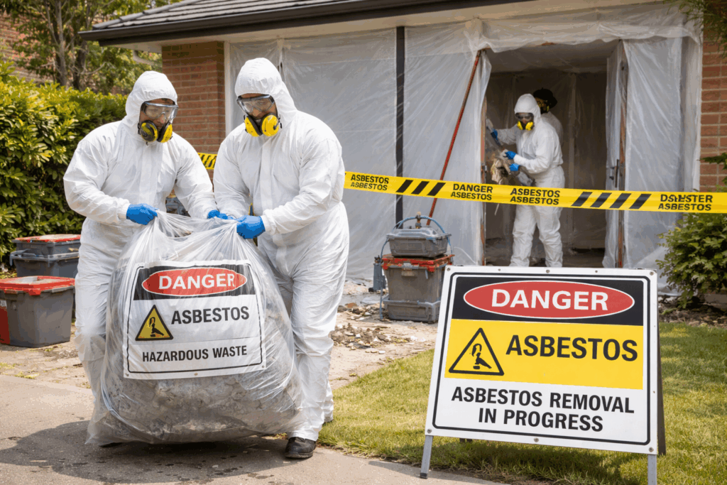 Licensed asbestos removal specialists safely removing asbestos from a residential property