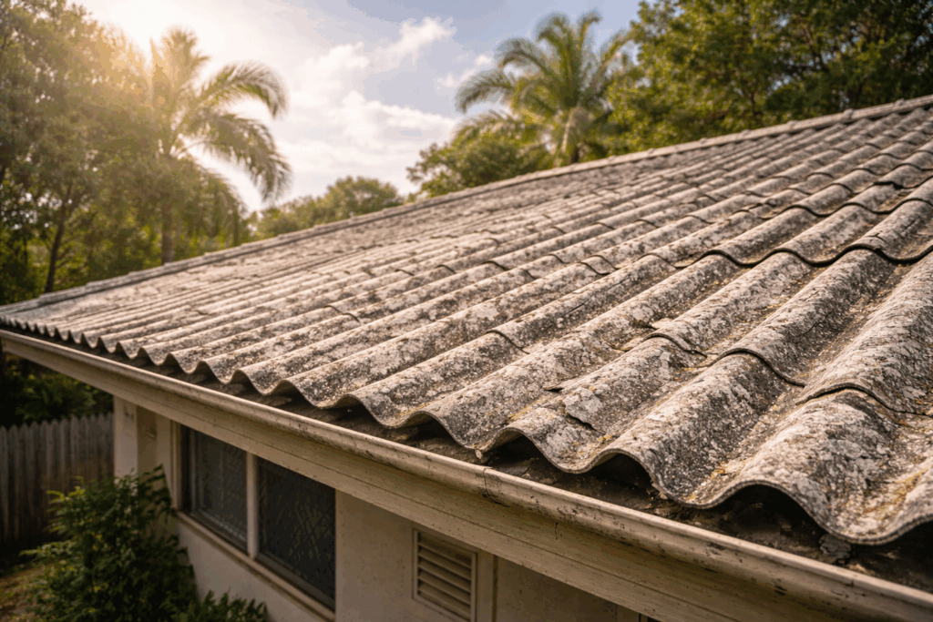 Aged asbestos roofing deteriorating under Brisbane's heat and humidity, increasing fibre release risk.