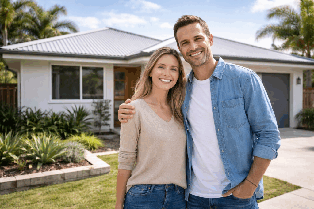 Brisbane homeowners standing outside a clean, asbestos-free home after professional removal.