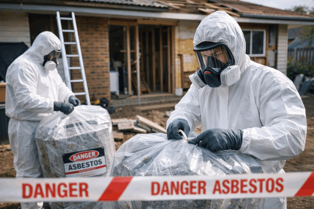 Licensed asbestos removal professionals using protective equipment to safely remove asbestos materials.