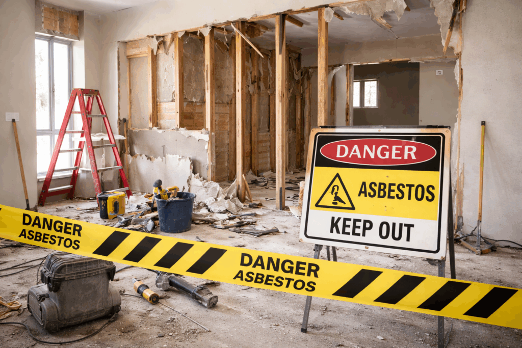 A renovation project stopped after asbestos was discovered during demolition work