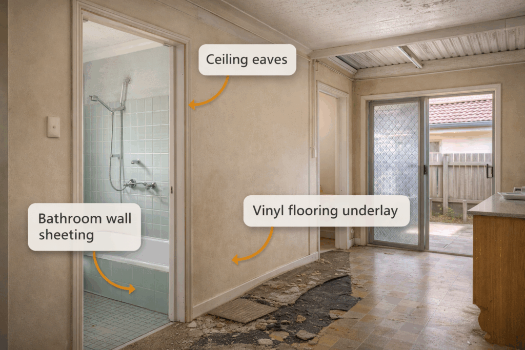 Typical asbestos-containing materials found in pre-1990 Brisbane homes, including wall sheeting, eaves, and flooring.