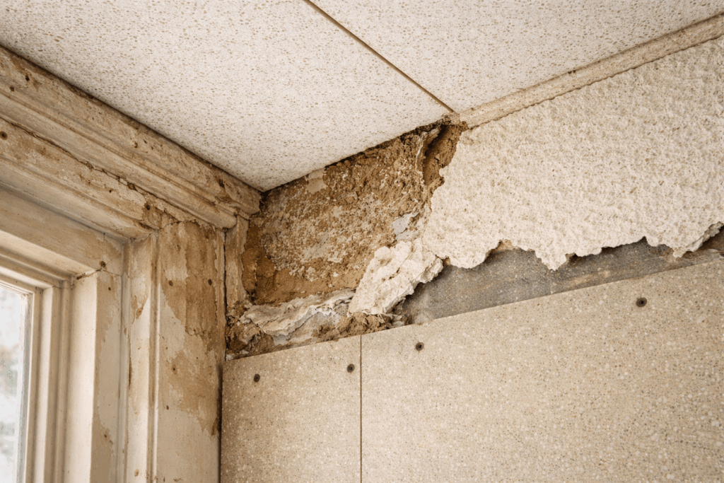 Close-up view of common asbestos materials found in older Brisbane homes, including wall and ceiling sheeting.