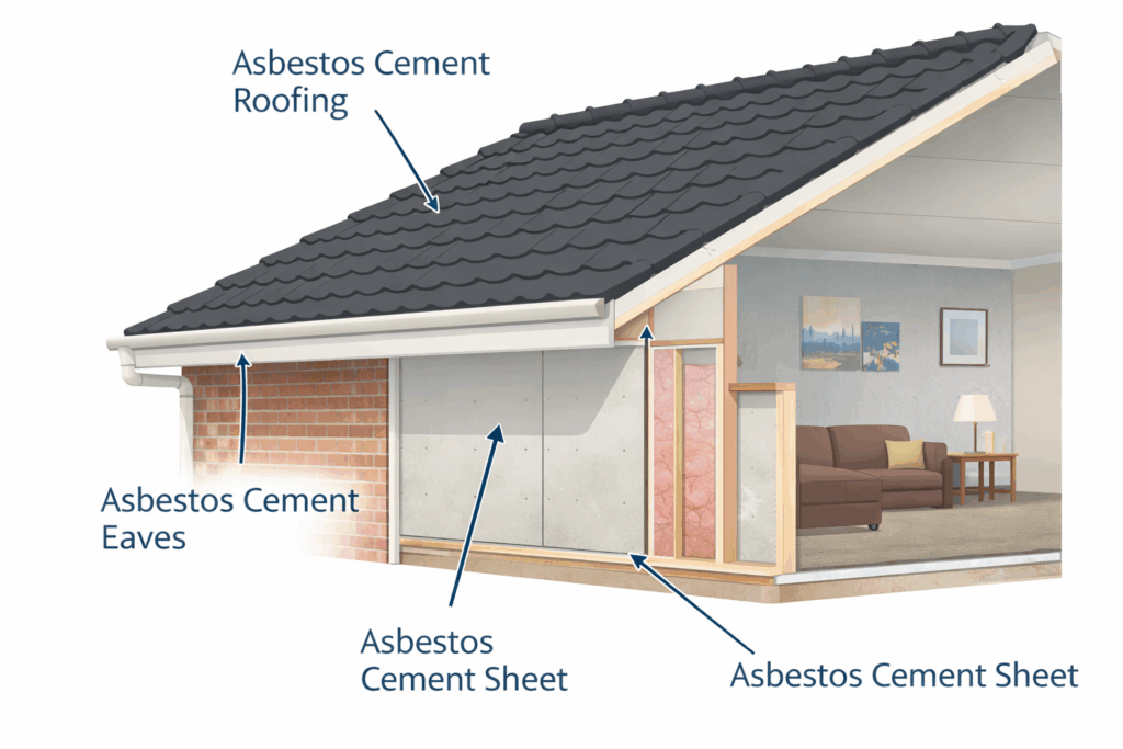 Illustration showing common areas where asbestos may be hidden inside walls and roofing of older homes